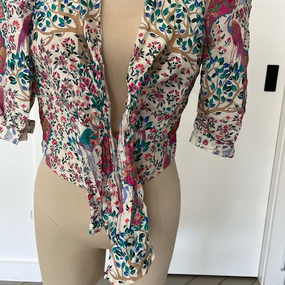 Sandro Floral Tie Top Printed Cropped Top In Linen And Silk - Picture 5 of 12